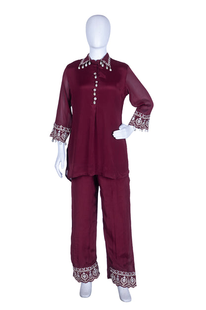 Dark Maroon Chinon Kurti Pant set