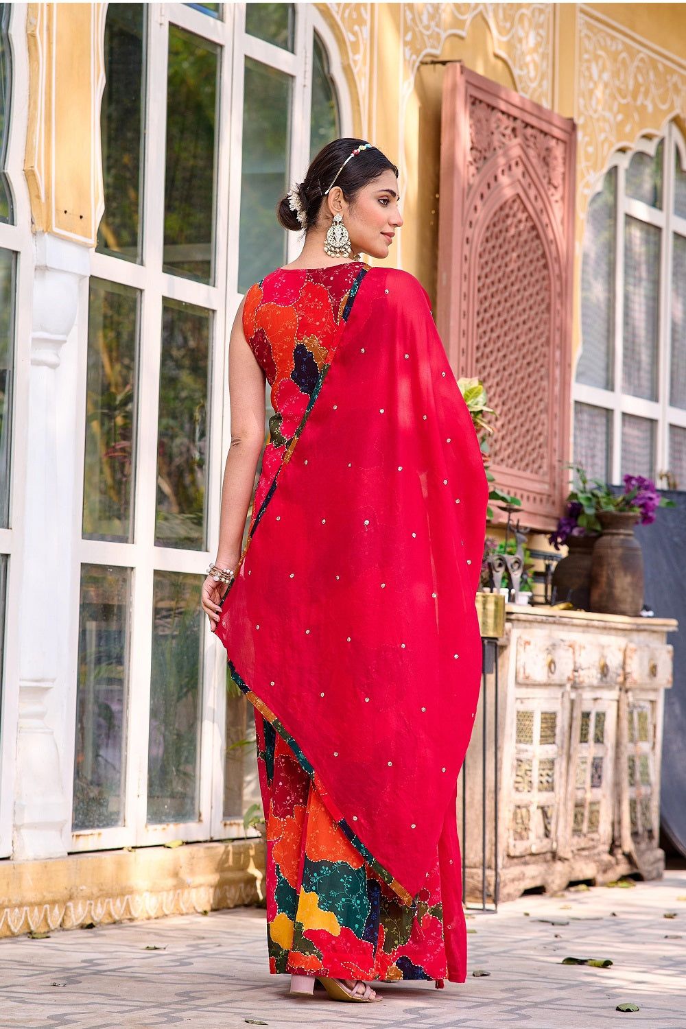 Multi Color Chinon Short Kurti 3 Pieces Set