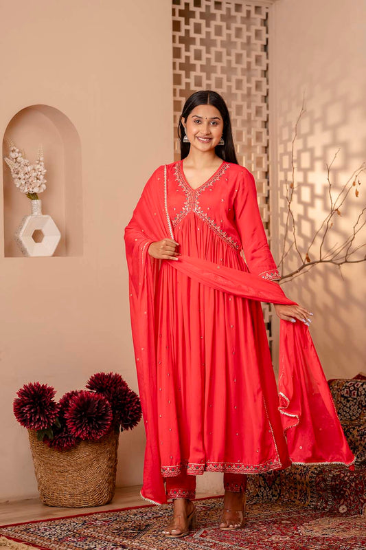 TOMATO PINK NAIRA CUT KURTI WITH PANT DUPATTA SET