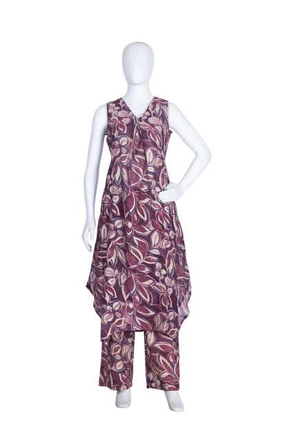 Wine Rayon Printed Kurti Plazo Set