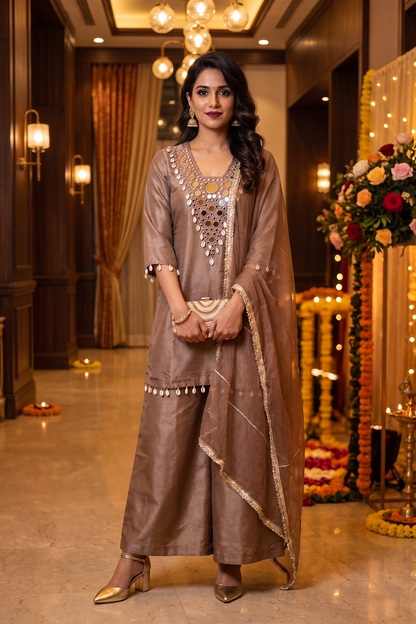 L Brown Tissue Kurti Plazo 3 Pieces Set