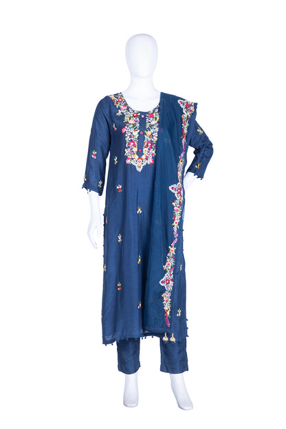 Peacock Blue Silk Kurti Pant 3 Pieces Set