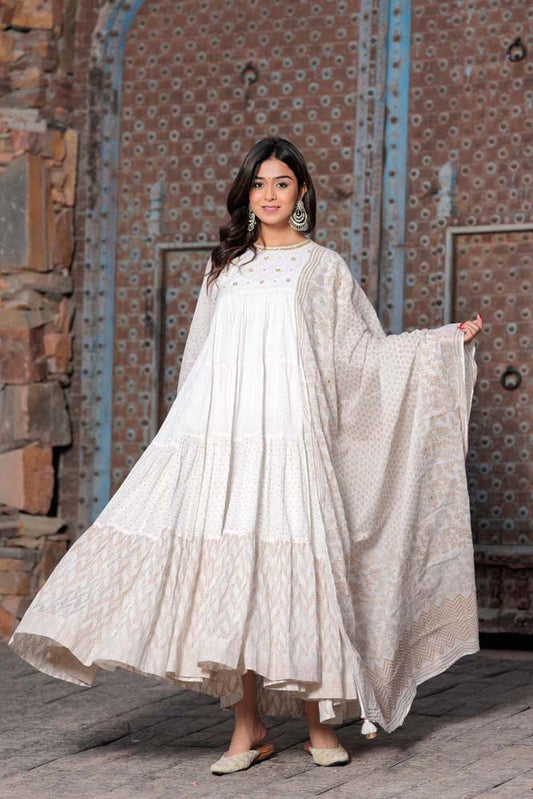 White Fashionista Kurti Frock With Dupatta