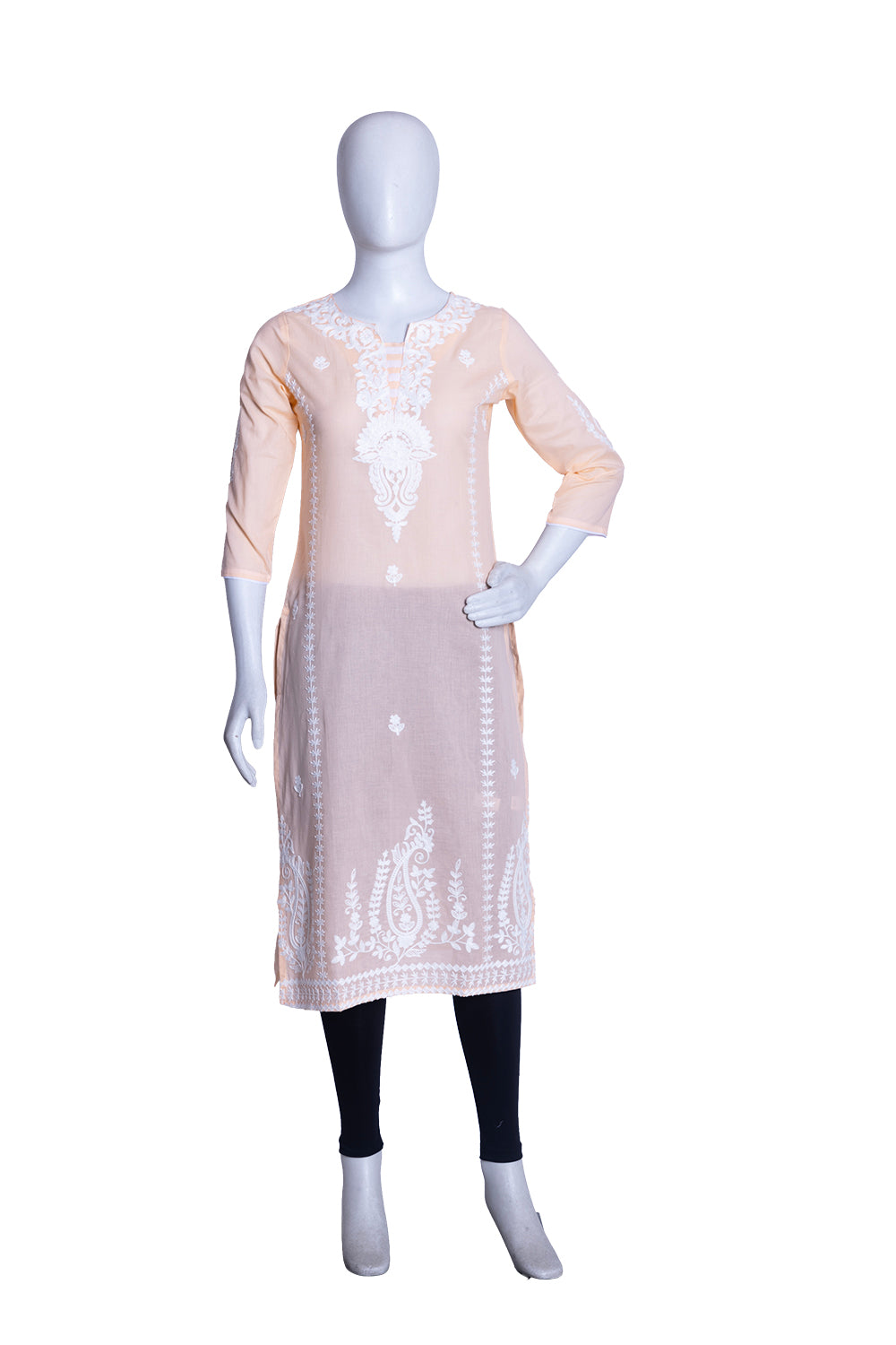 Lemon Yellow Cotton Aari Work Straight Kurti