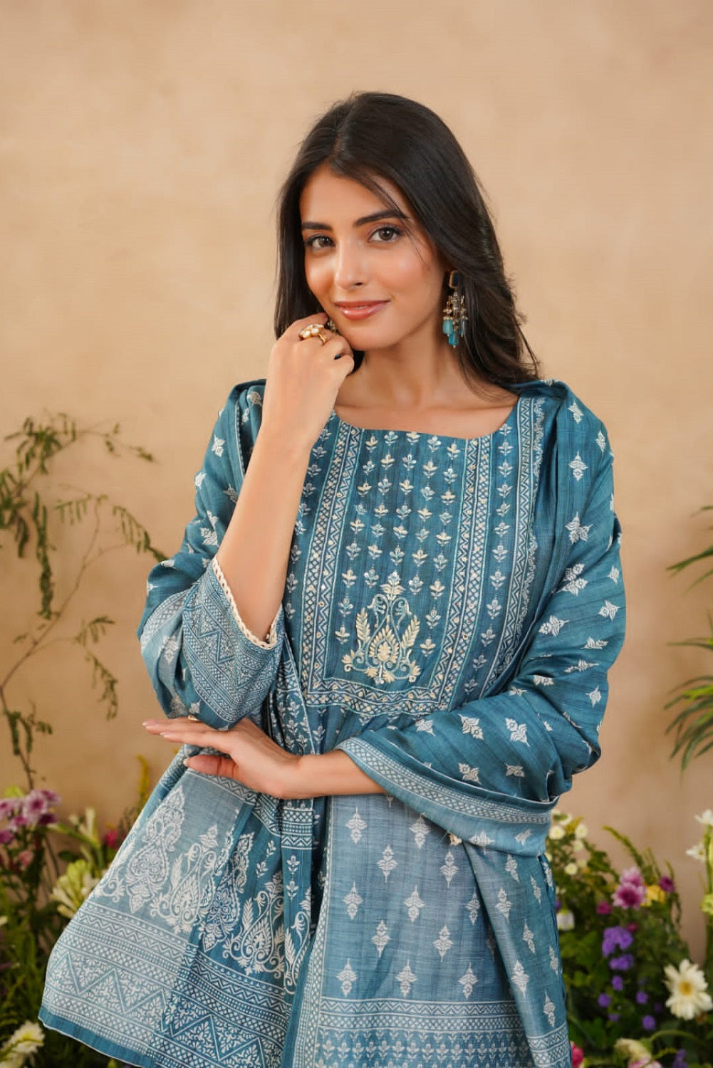 Teal Blue Silk Kurti 3 Pieces Set