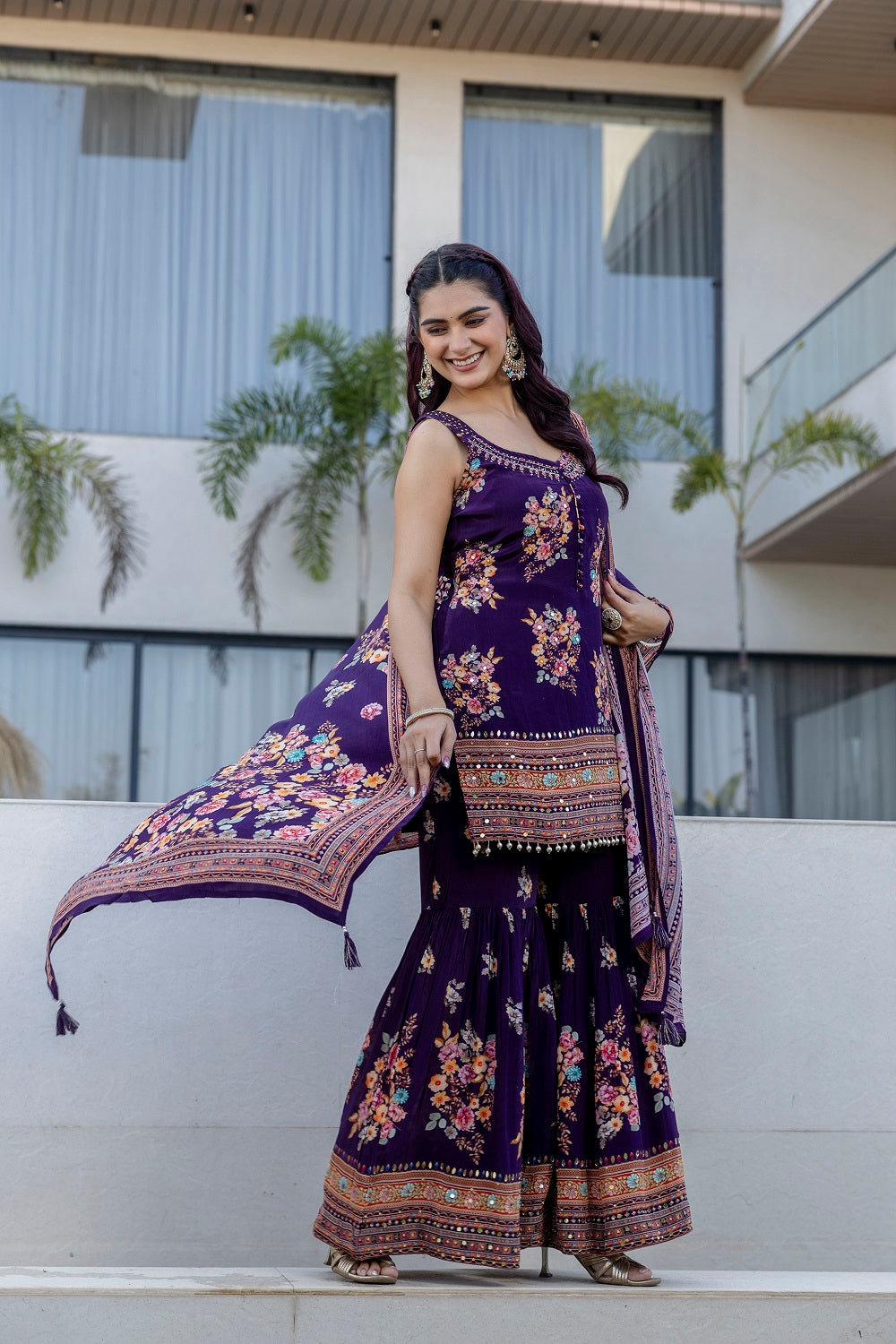 Violet Crepe Sharara Kurti 3 Pieces Set