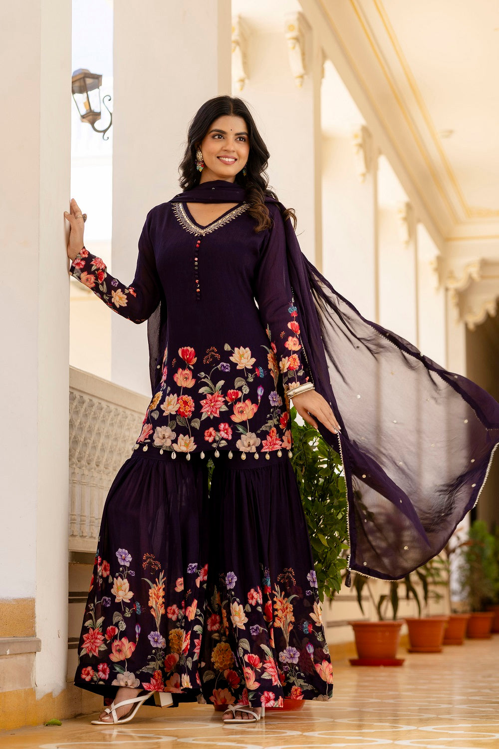 Dark Violet Chinon Short Kurti 3 Pieces Set