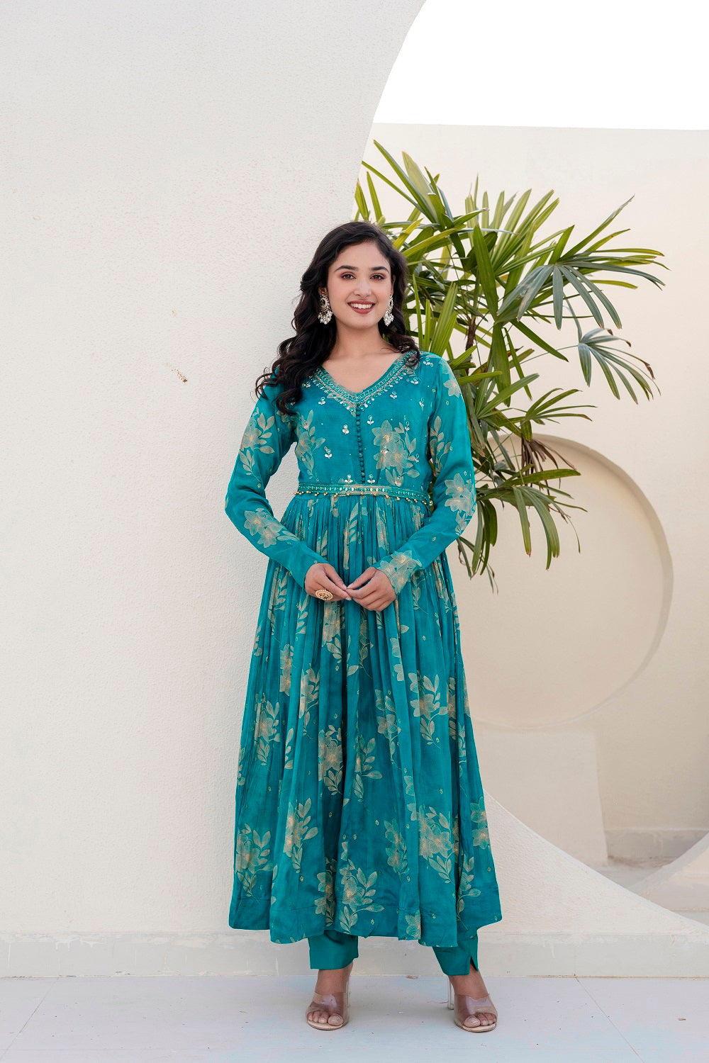 Rama Green Chinon Frock Kurti 3 Pieces Set