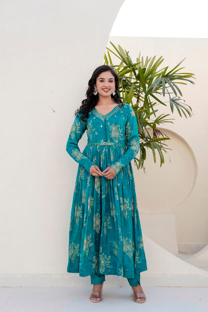 Rama Green Chinon Frock Kurti 3 Pieces Set