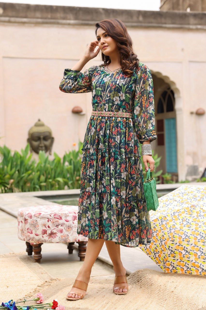 Bottle Green Chinon Printed Frock