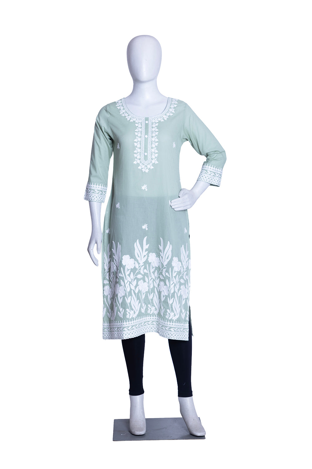 Pista Green Cotton Aari Work Straight Kurti