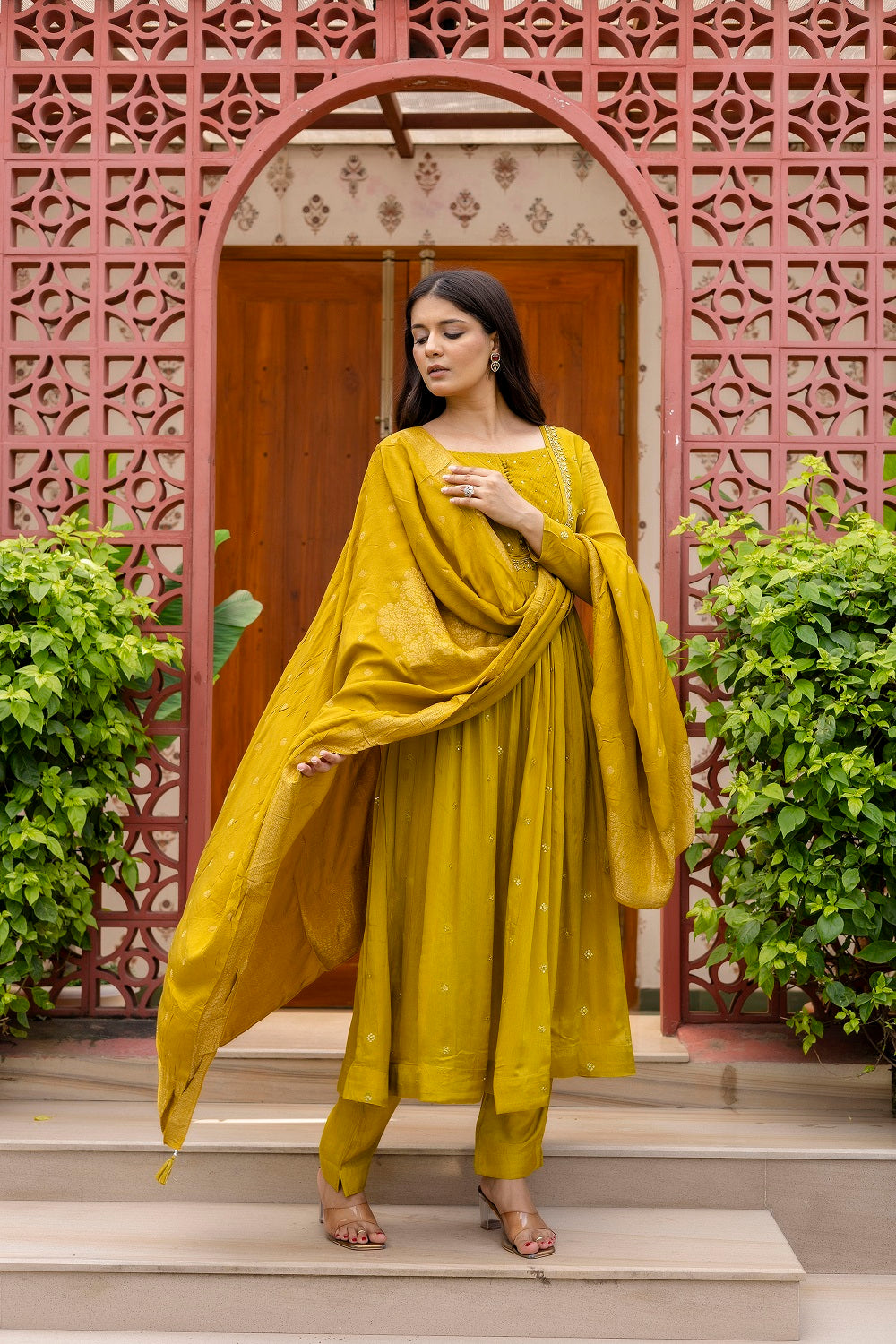 M Green Chinon Frock Kurti 3 Pieces Set