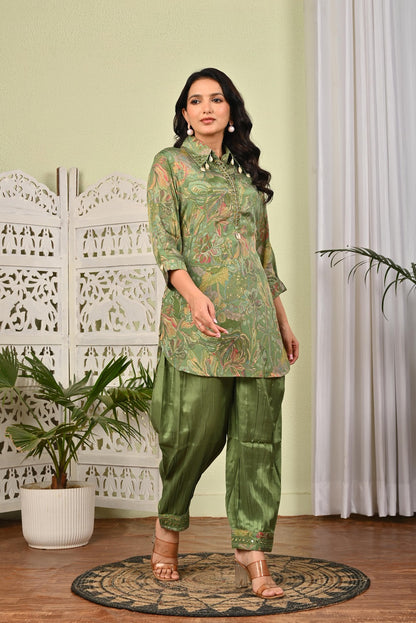 Pista Green Chinon Printed 2 Pieces Set