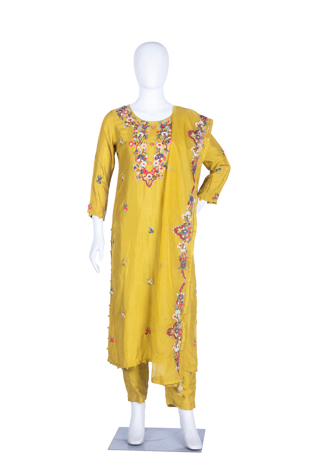 Mahendi Green Silk Embroidered Kurti 3 Pieces Set