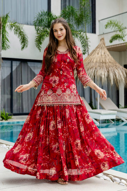 Red Chinon Kurti Skirt 3 Pieces Set