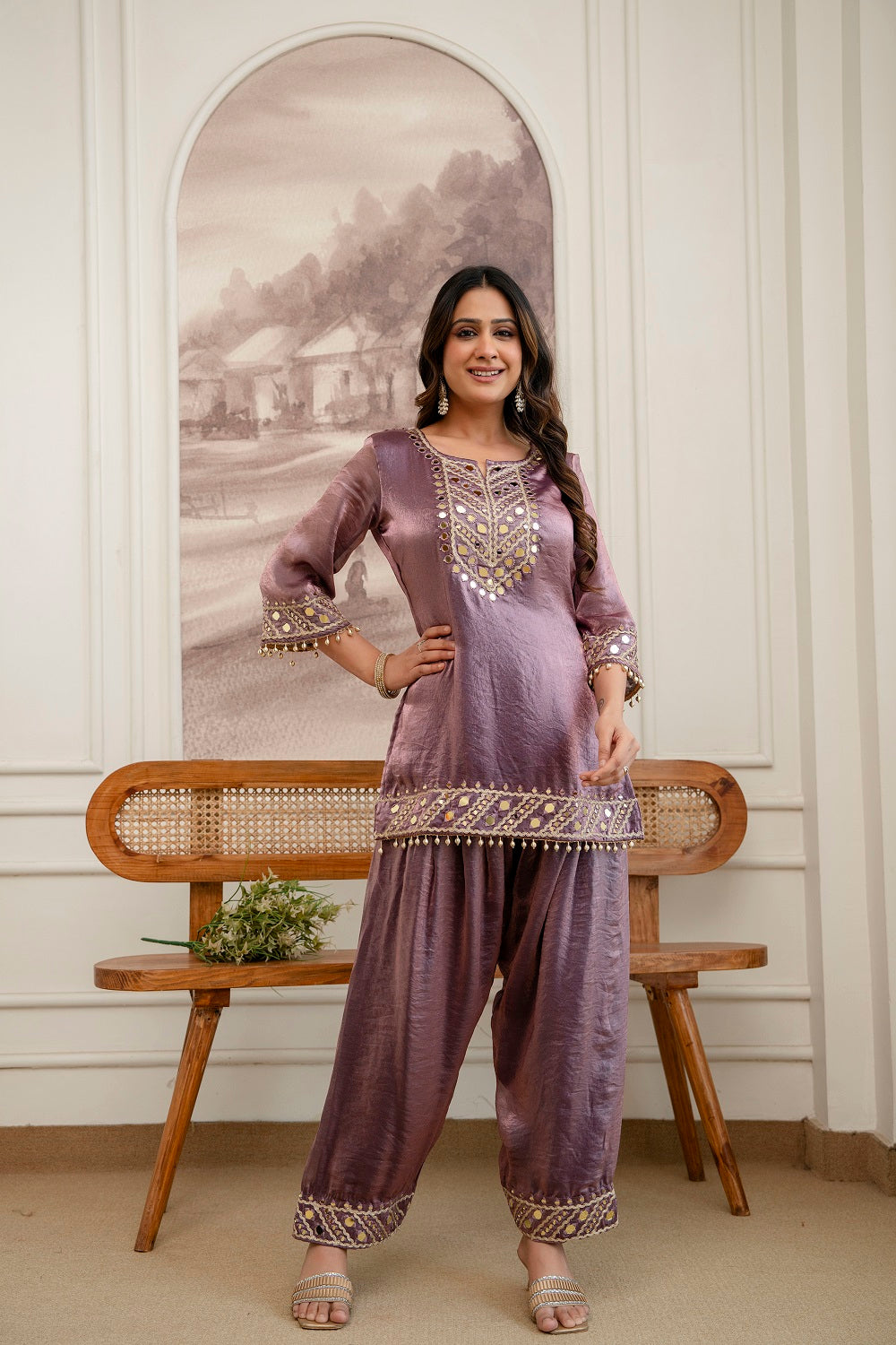 Wine Glass Tissue Kurti Pant 3 Pieces Set