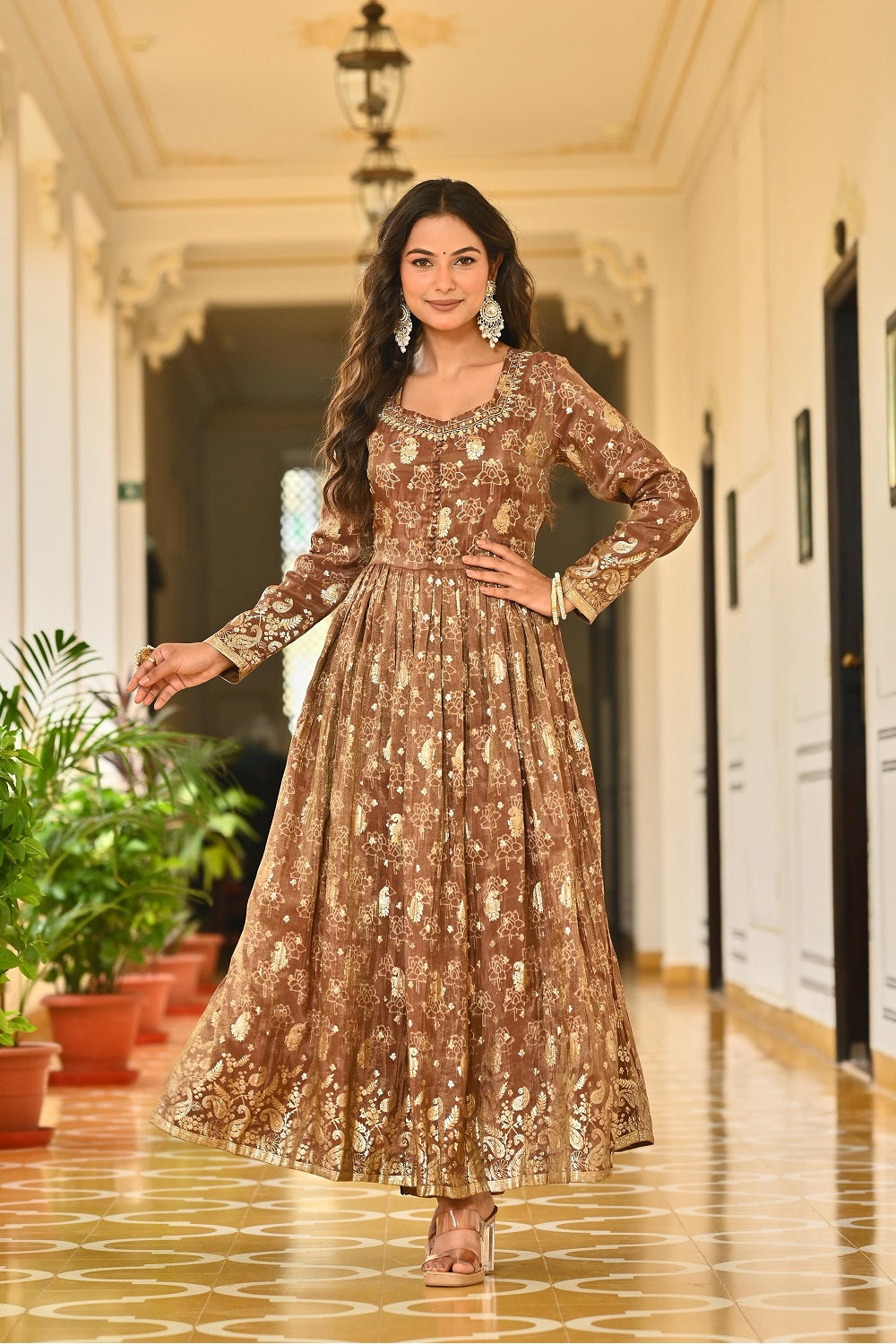 Brown Shimmer Frock Kurti 3 Pieces Set