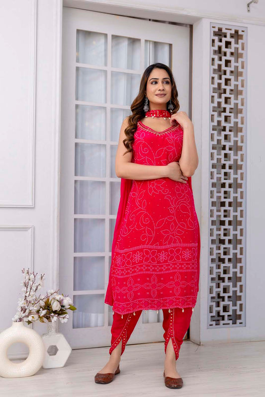 Kaira Rani Pink Strap Kurti With Dhoti & Dupatta Set