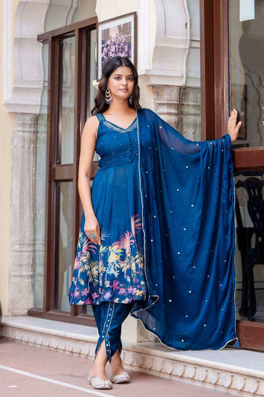 KAIRA PEACOCK BLUE PARTYQUEEN KURTI DHOTI DUPATTA SET