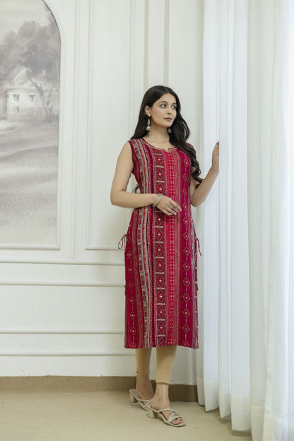 Maroon Rayon Handwork Straight Cut Kurti