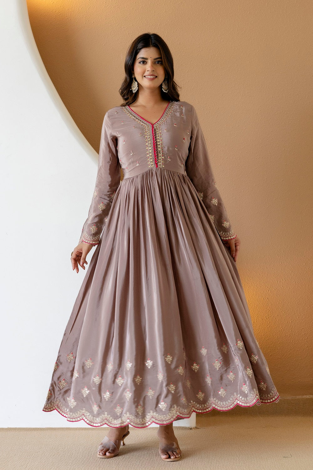 Brown Crepe Frock Kurti 3 Pieces Set