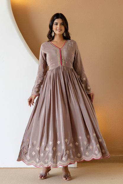 Brown Crepe Frock Kurti 3 Pieces Set