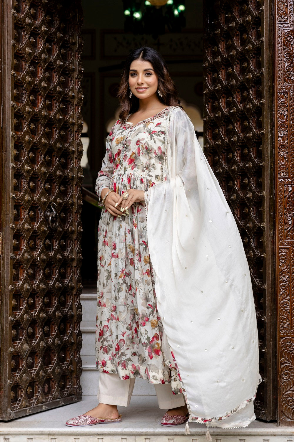Cream Chinon Frock Kurti 3 Pieces Set