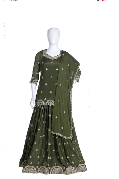 M Green Chinon Short Kurti 3 Pieces Set