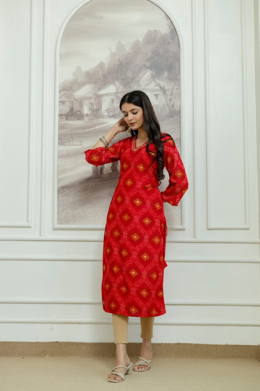 Red Rayon Handwork Straight Cut Kurti