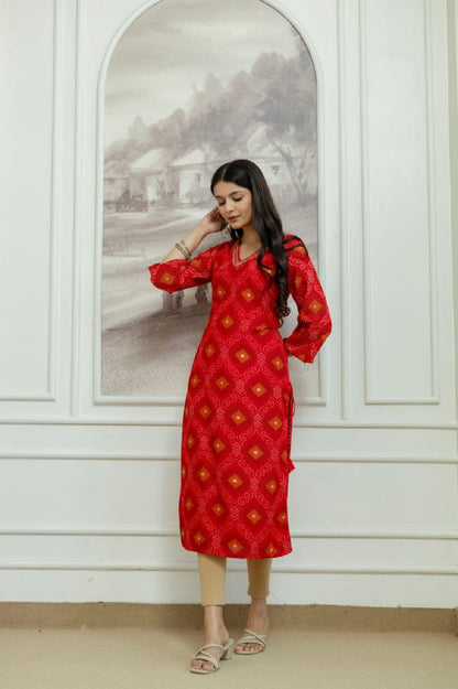 Red Rayon Handwork Straight Cut Kurti