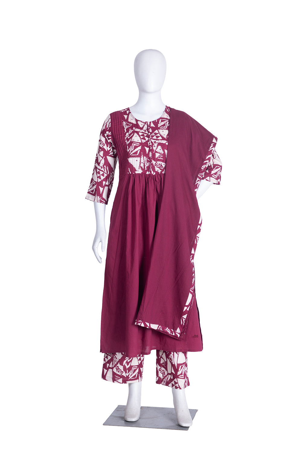 Wine Cotton Kurti Straight Plazo 3 Pieces Set