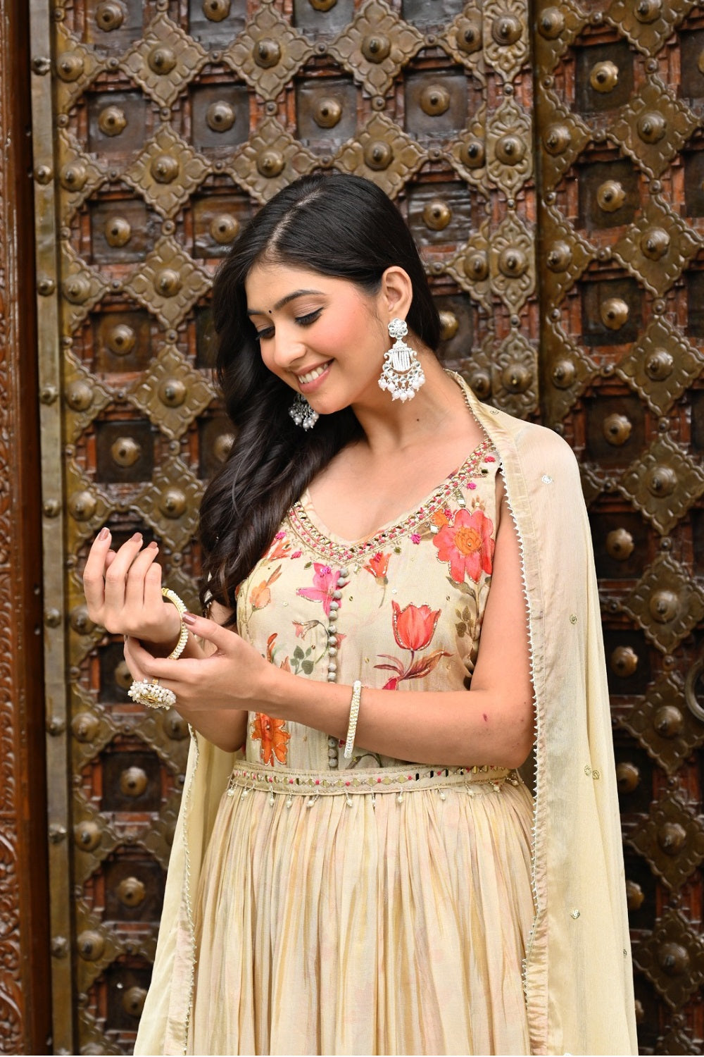 Gold Colour Chinon Frock Kurti 3 Pieces Set
