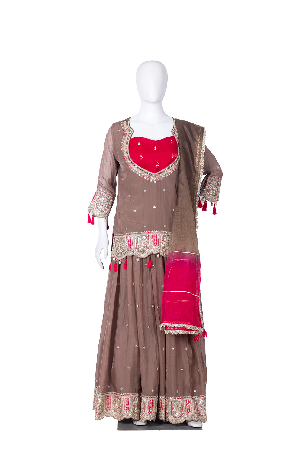 Brown Chinon Skirt Kurti 3 Pieces Set