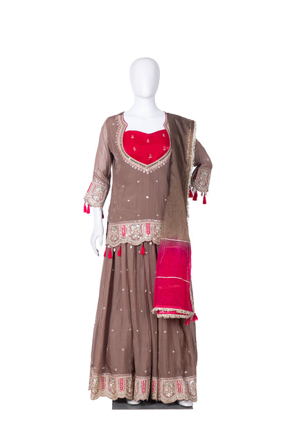 Brown Chinon Skirt Kurti 3 Pieces Set
