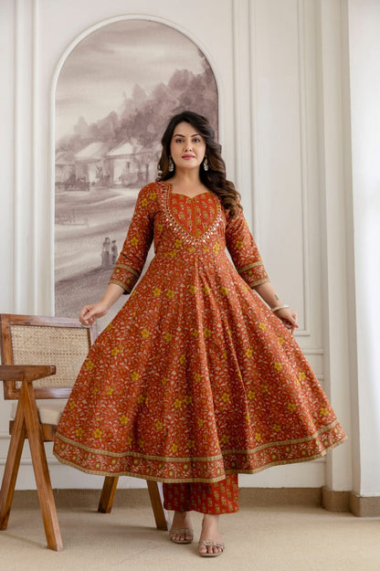 Rust Cotton Kurti Frock 3 Pieces Set
