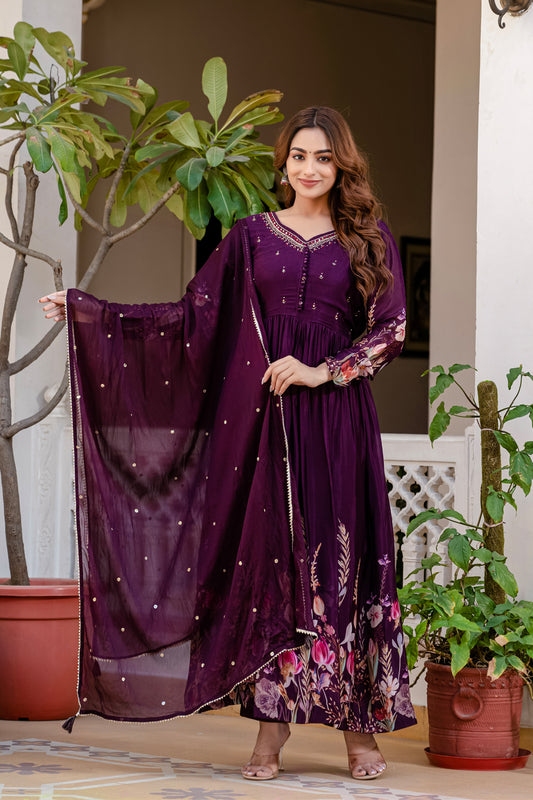 Violet Chinon Frock Kurti 3 Pieces Set