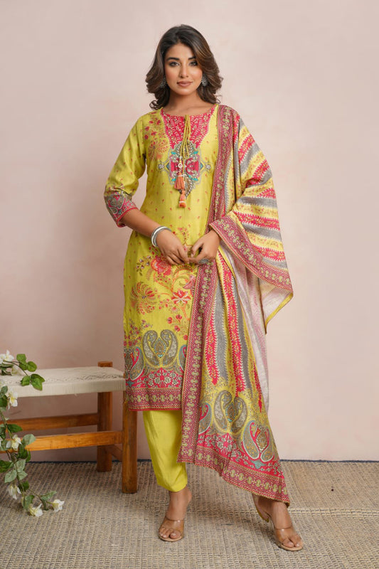 Lemon Yellow Partyqueen Kurti Pant Dupatta Set