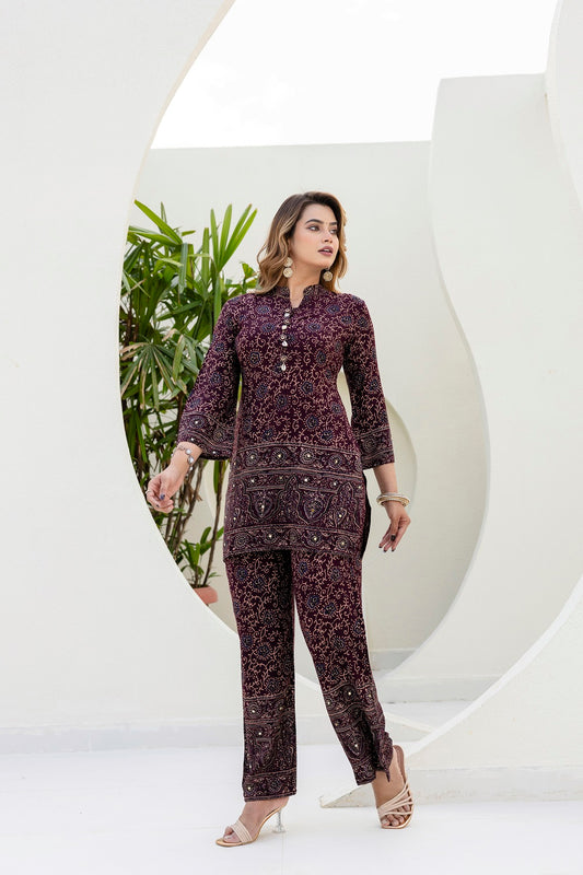 Coffee Rayon Printed Kurti 2 Pieces Set