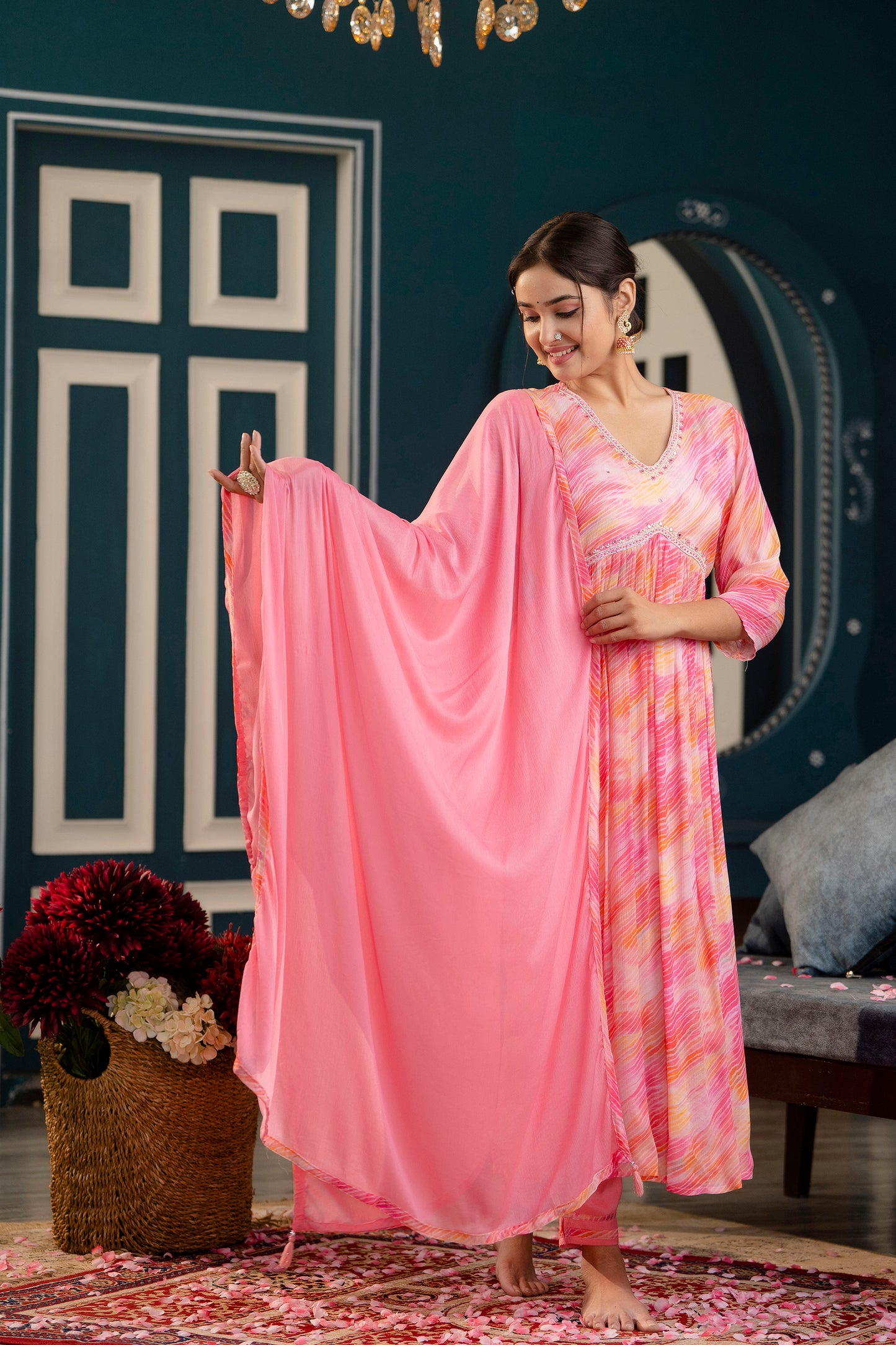 Pink Aliya Cut Kurti Pant Dupatta
