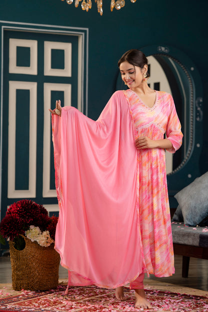 Pink Aliya Cut Kurti Pant Dupatta