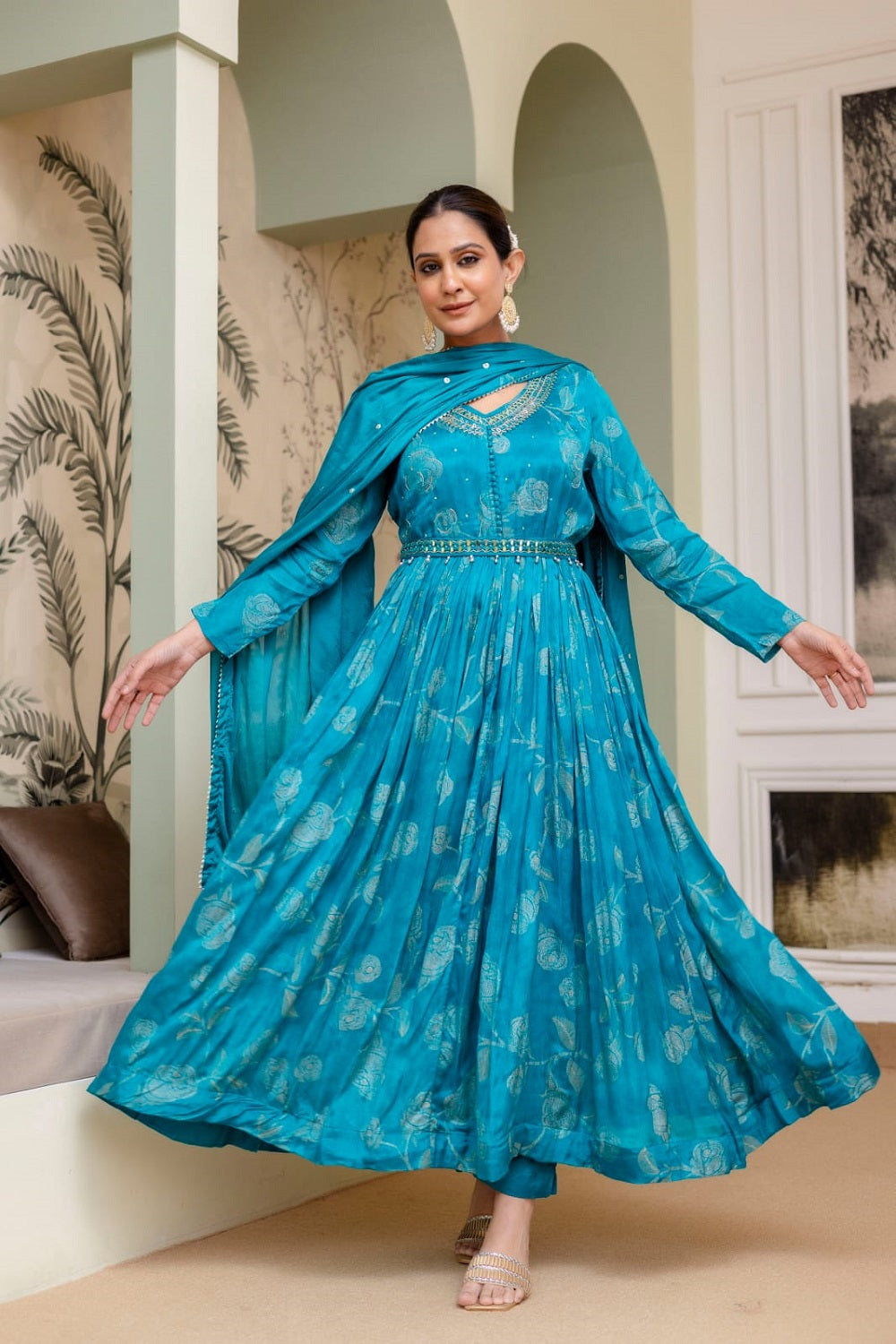 Rama Green Frock Kurti 3 Pieces Set