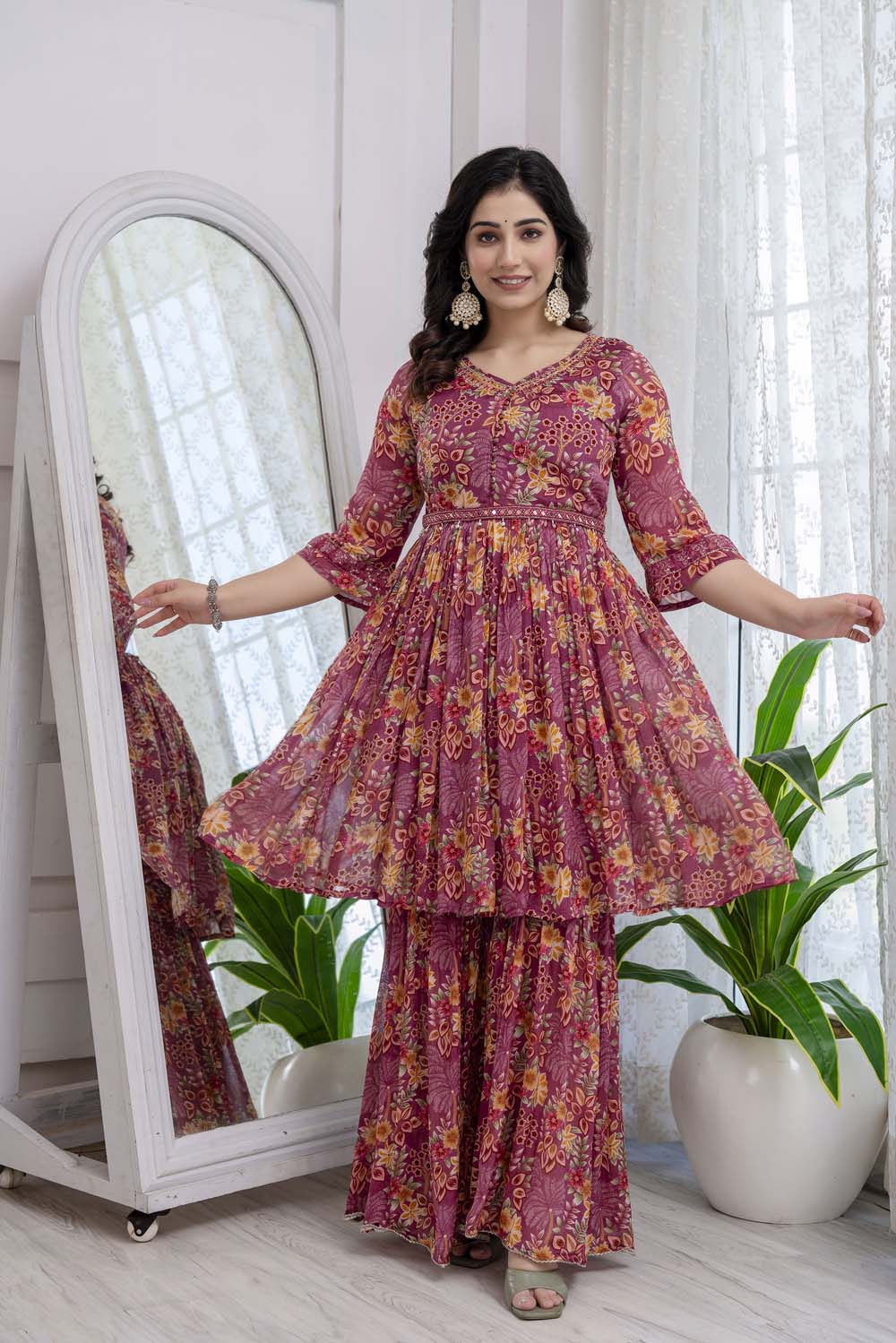 KAIRA ONION PINK PRINTED POPLON KURTI PLAZO DUPATTA SET