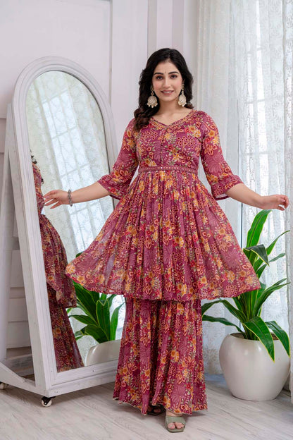 KAIRA ONION PINK PRINTED POPLON KURTI PLAZO DUPATTA SET