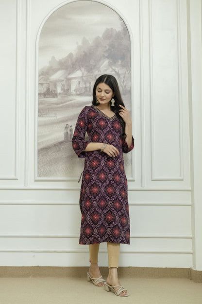 Wine Rayon Handwork Straight Cut Kurti