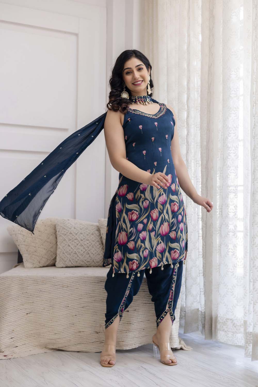 PEACOCK BLUE STRAP KURTI WITH DHOTI AND DUPATTA