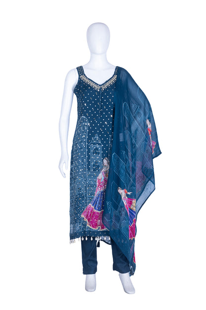 Peacock Blue Chinon Kurti Pant 3 Pieces Set
