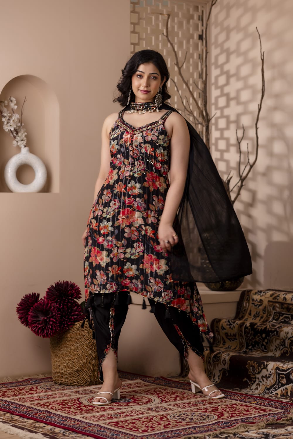 BLACK STRAP KURTI WITH DHOTI AND DUPATTA