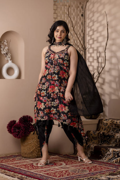 Black Strap Kurti With Dhoti And Dupatta