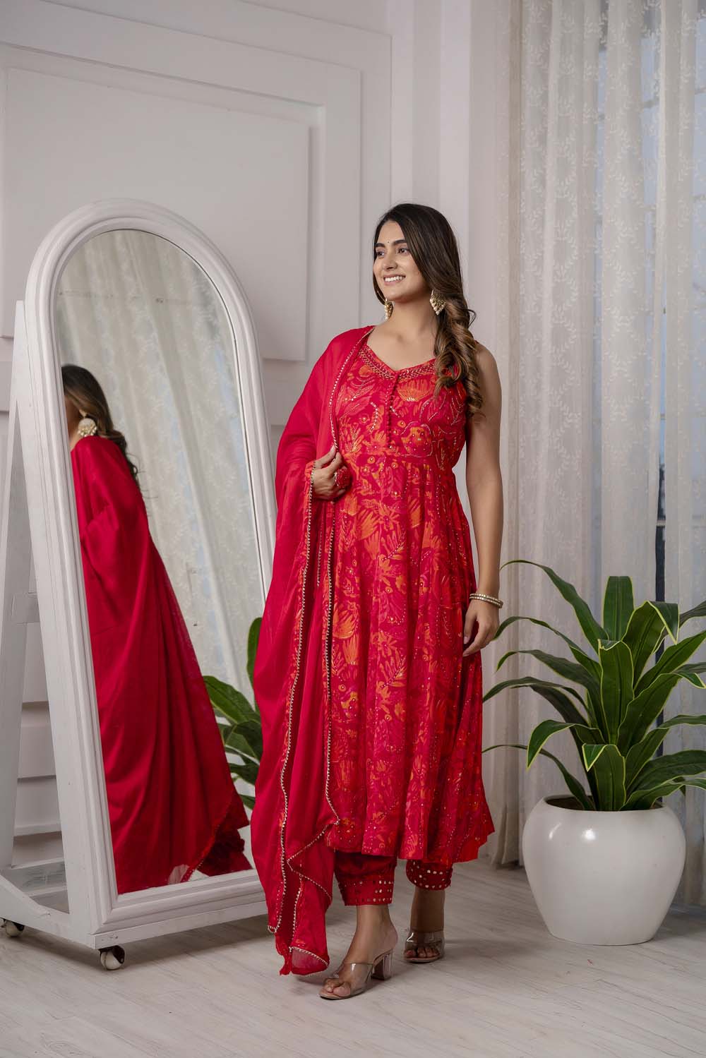 RED PARTYQUEEN KURTI FROCK PANT WITH DUPATTA SET