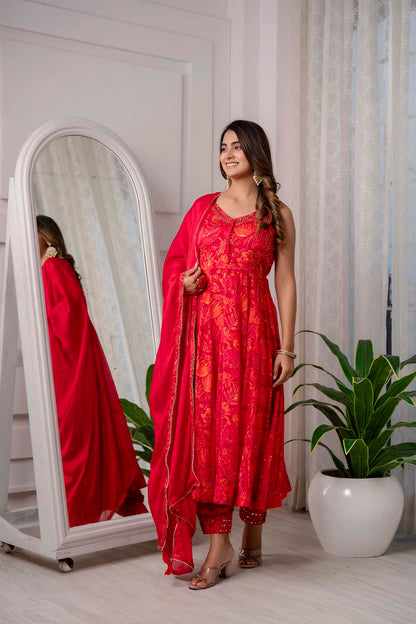 RED PARTYQUEEN KURTI FROCK PANT WITH DUPATTA SET